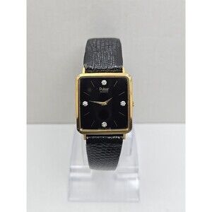 Vintage Pulsar by Seiko Mens Tank Watch Gold Tone Black Dial New Battery